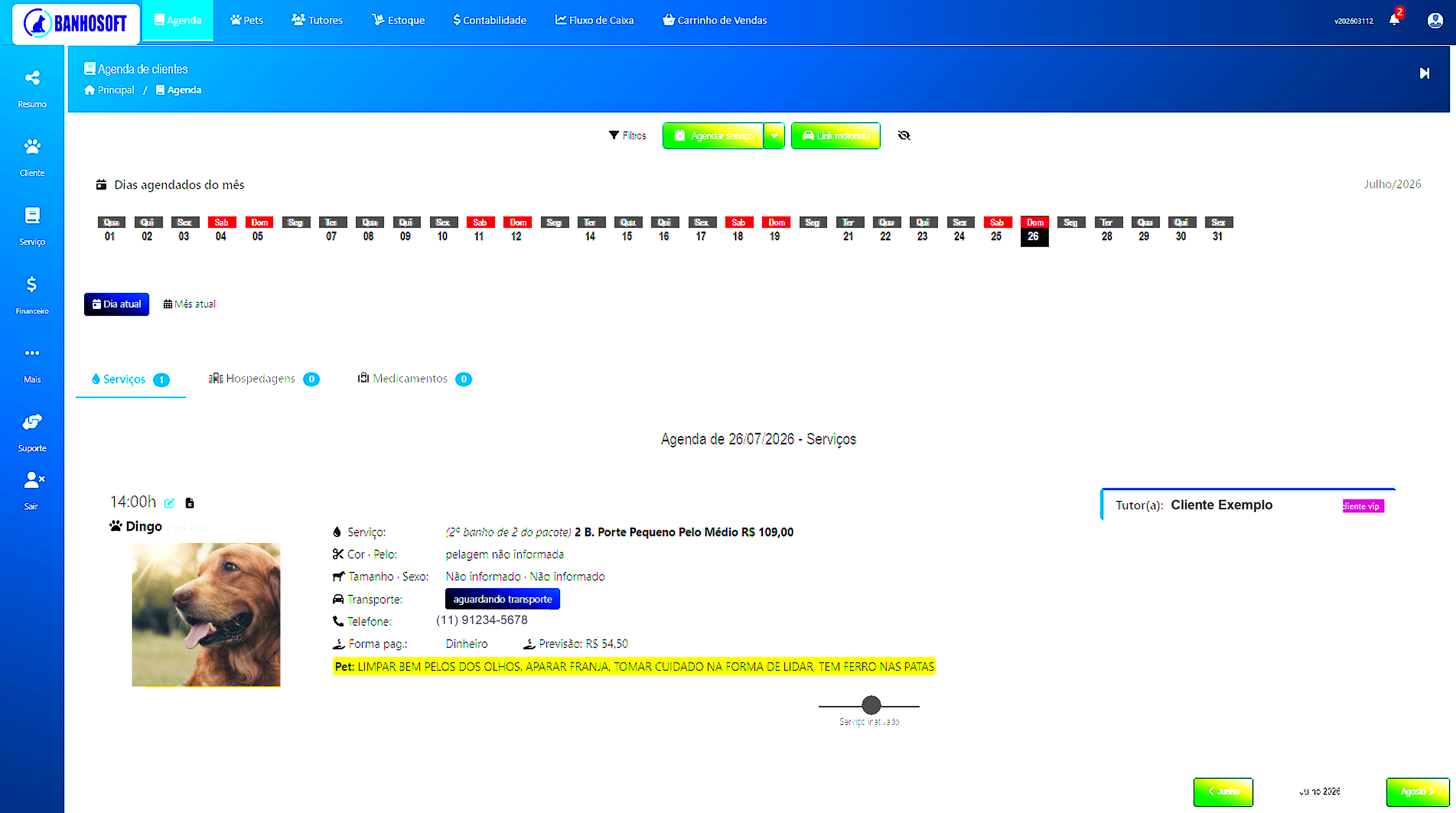 Tela da agenda do Banhosoft mostrando os pets agendados para banho e tosa no dia